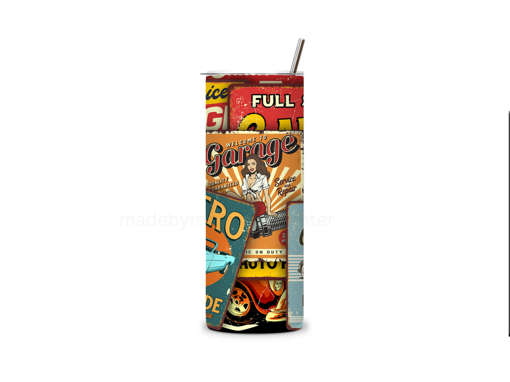 Retro Car Signs Tumbler 20oz Stainless Steel Bottle Drinkware Water Bottles Cup Washable Mug Reusable Portable Bottled Lid Straw Gift Handmade Insulated perfect gift