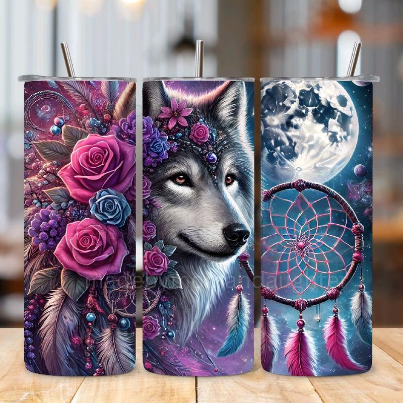 Wolf Tumbler 20oz Stainless Steel Bottle Drinkware Water Bottles Cup Washable Mug Reusable Portable Bottled Lid Straw Gift Handmade Insulated perfect gift